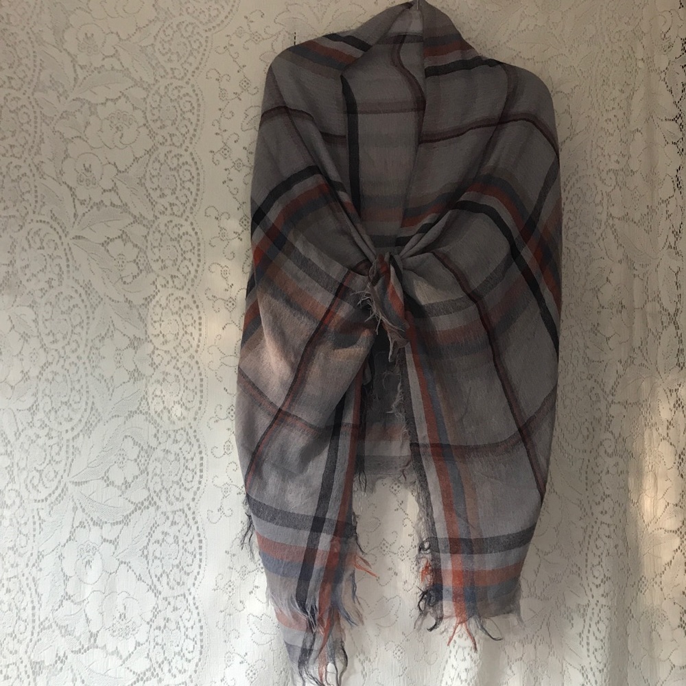 Boho Fringed Shawl Wrap Scarf Gray Rust Navy Plaid - Picture 3 of 12